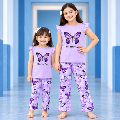 Cute Butterfly-Printed Purple Two-Piece Set for Girls (Flutter Sleeve Top & Printed Pants Set)